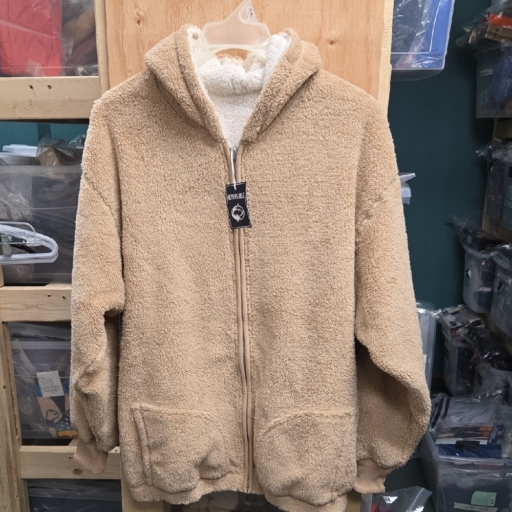 Hollister Size M Beige and Cream Reversible Teddy Zip Up Sweater